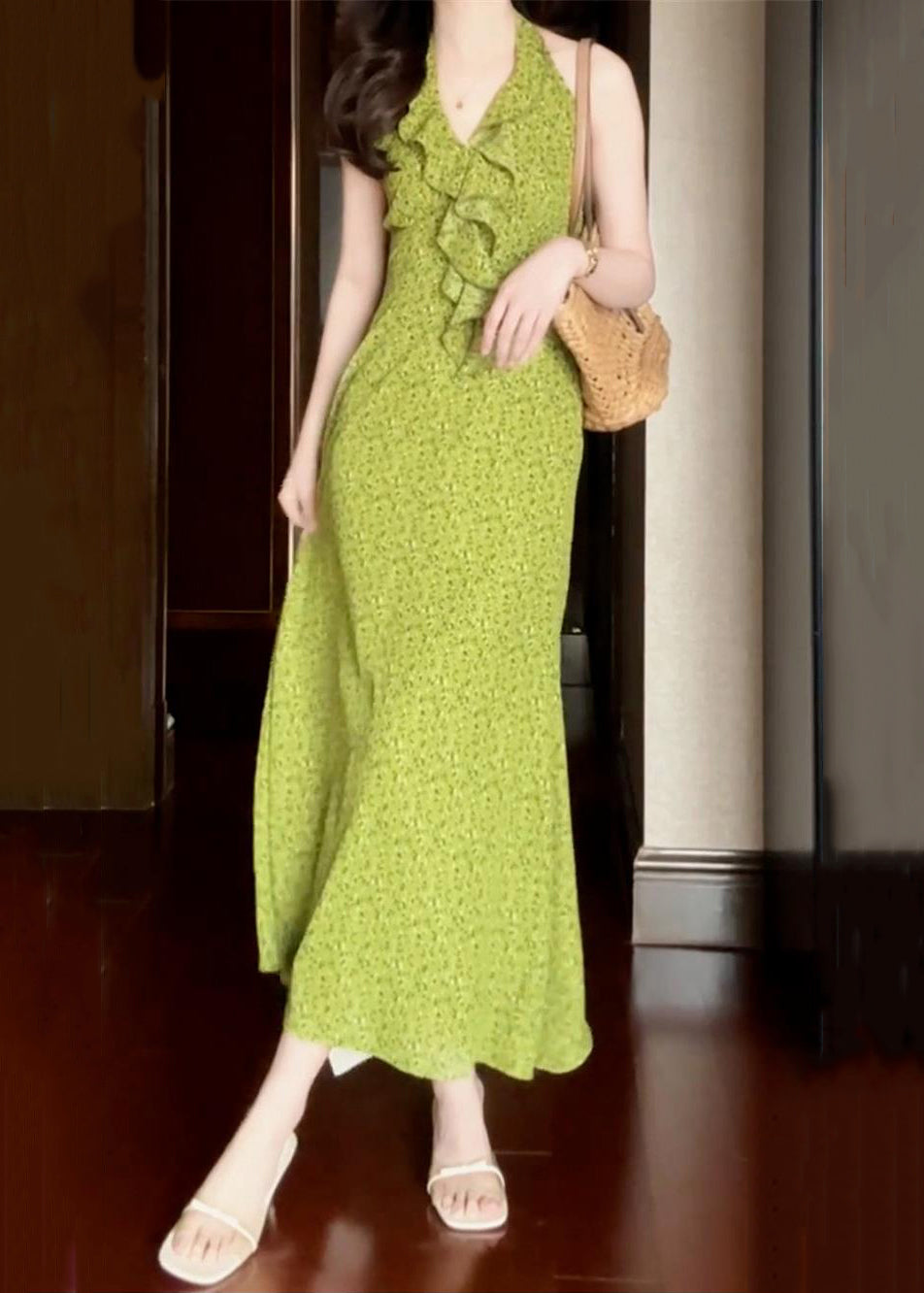 New Ruffled Print Dress Cotton Green Sleeveless Long