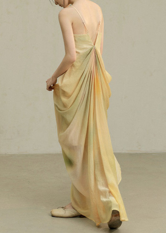 Novelty Wrinkled Dye Spaghetti Cotton Dress Tie Yellow Strap