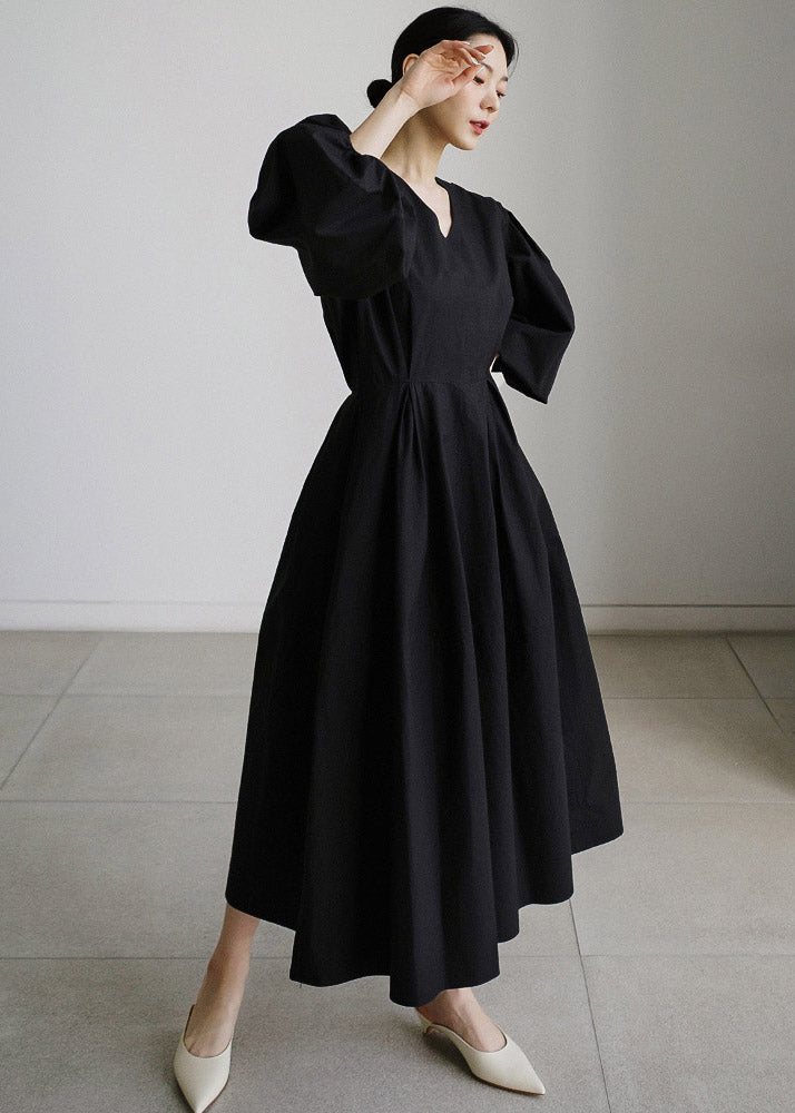 Lantern Cotton Vacation Dress Wrinkled Sleeve Black Pockets