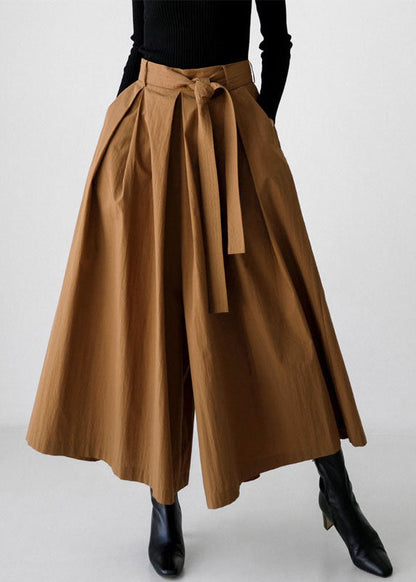 Waist Brown Leg Cotton Spring Pants French High Pockets Wide