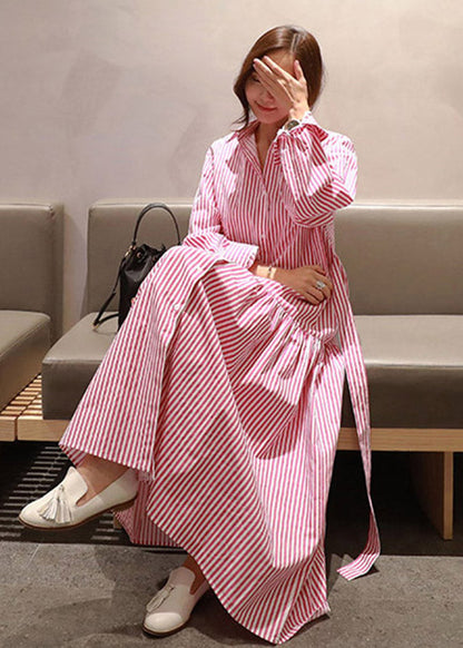 Pan Collar DIY Wrinkled Striped Waist Button Tie Peter Red Cotton