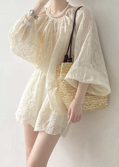 Spring Embroidered And Shorts Set Tops Two Piece Beige Art Cotton