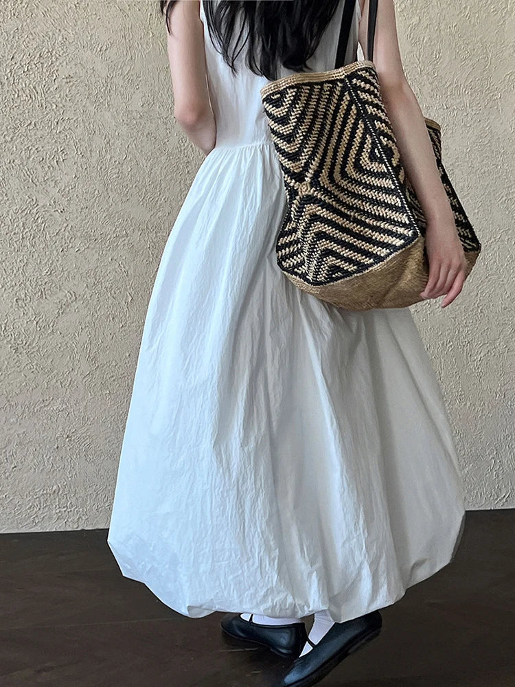 Patchwork O-neck Dress Simple Sleeveless Blue Puff Hem