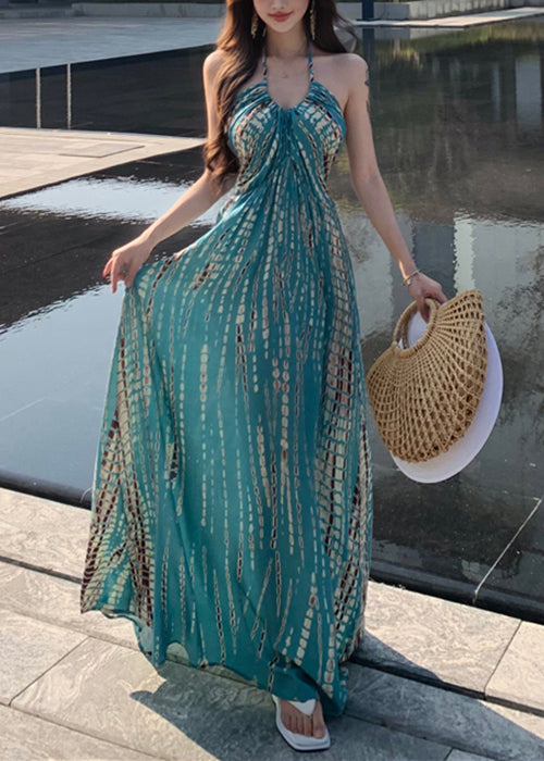 Print Dress Sleeveless Backless Blue Vacation Cotton Stylish