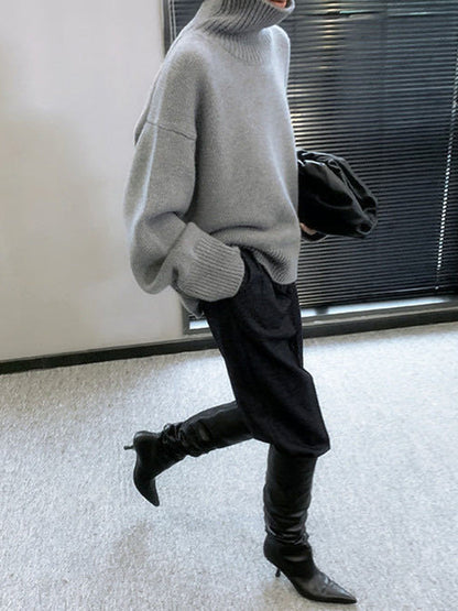 Casual Grey High-Neck Long Sleeve Sweater QX016