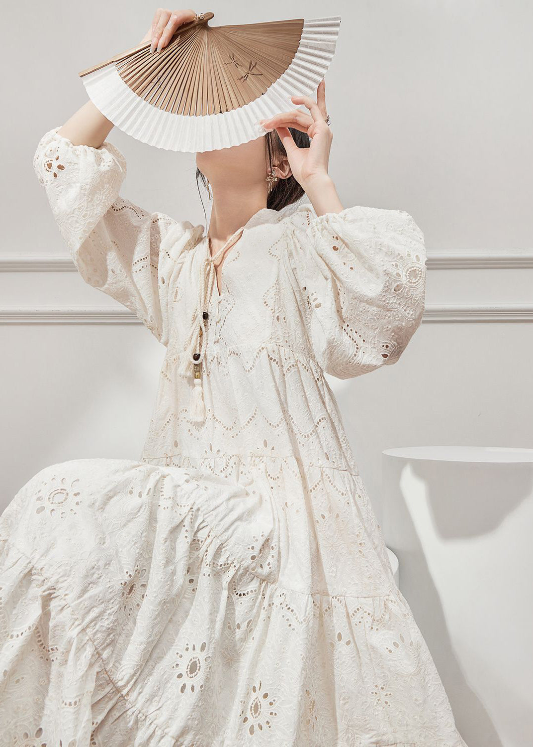 Beige V Out Hollow Lantern Cotton Neck Style Dresses French