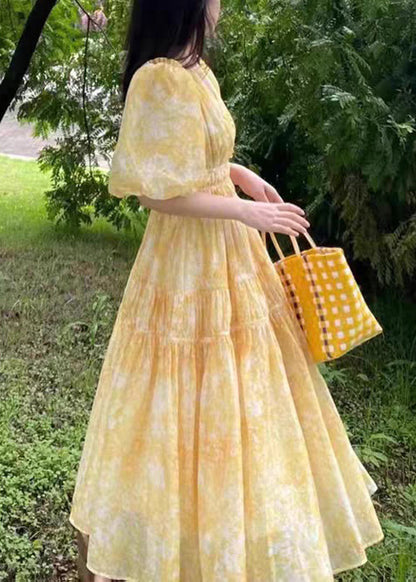 Print Bohemian Long Yellow V Neck Summer Dress Chiffon