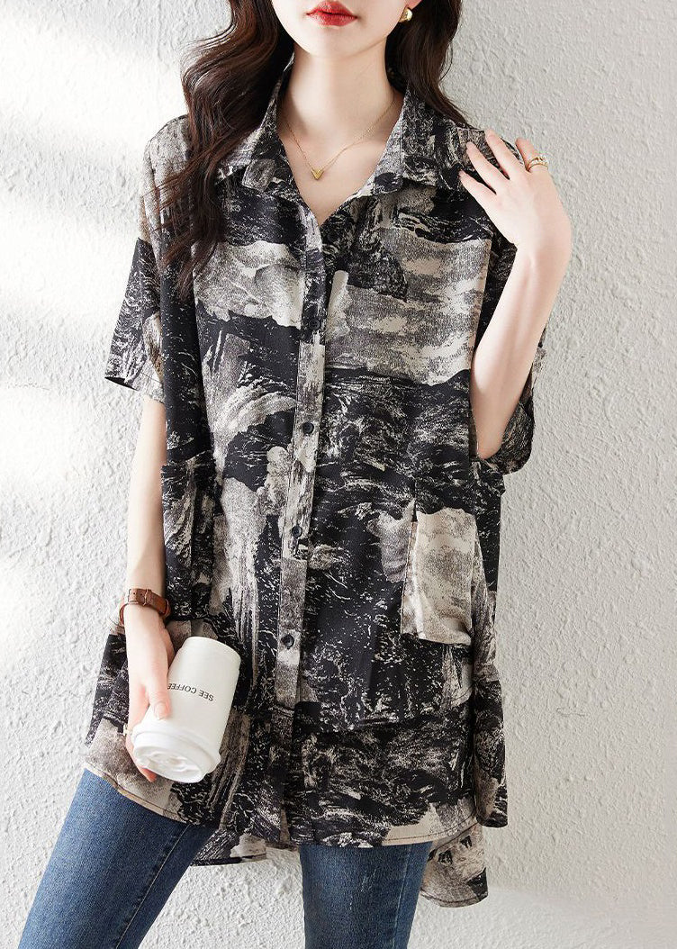 Loose Black Button Print Low High Design Cotton Shirt Summer NN045