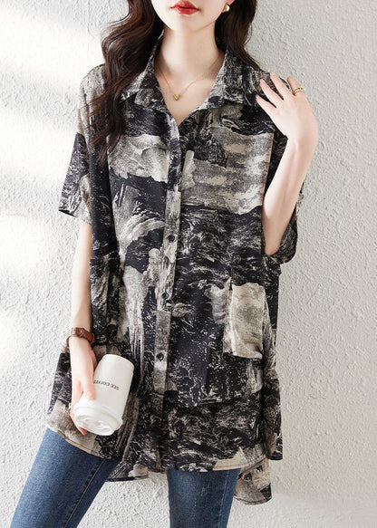 Loose Black Button Print Low High Design Cotton Shirt Summer NN045