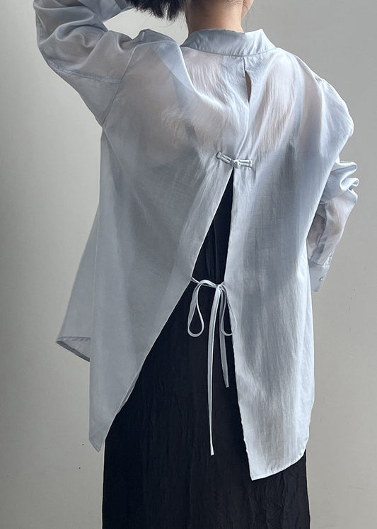 Open Up Pan Peter Spring Blouses Silk Lace Side Collar Blue