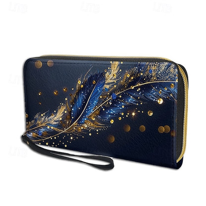 Women's with Gilded Large Capacity Wallet Feather Print