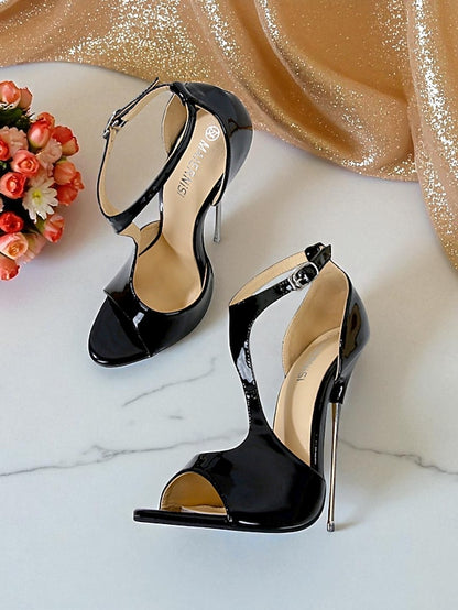 Women's Heels - Leather Strappy Open Red Stiletto Patent