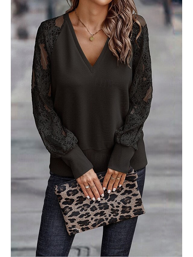 Women's Top Lace Knit Ribbed Embroidered Tops Splicing