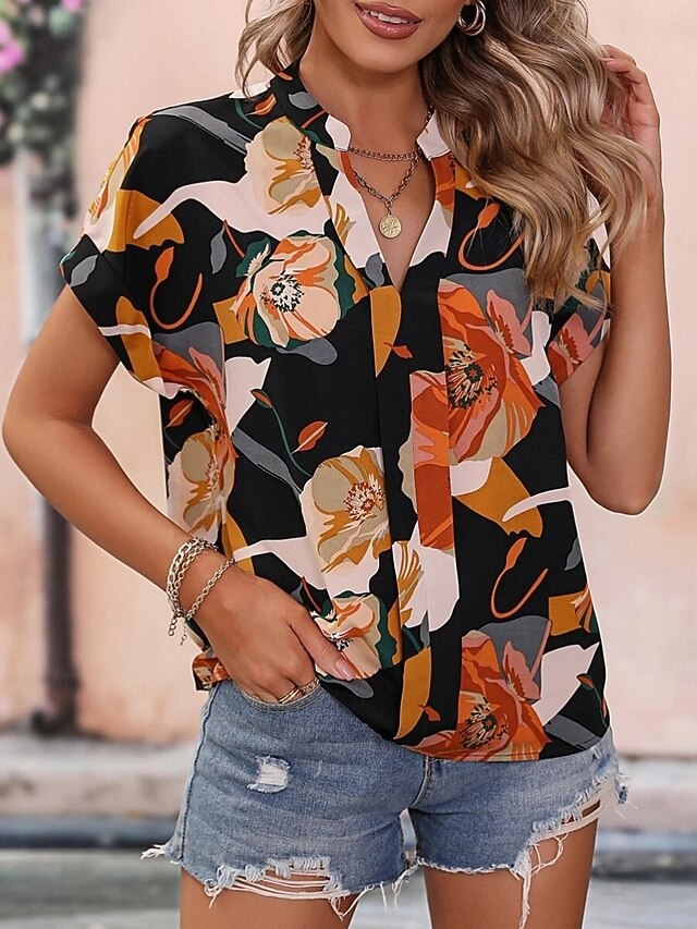 Women's Blouse Print Floral Stylish Casual Short Sleeve V