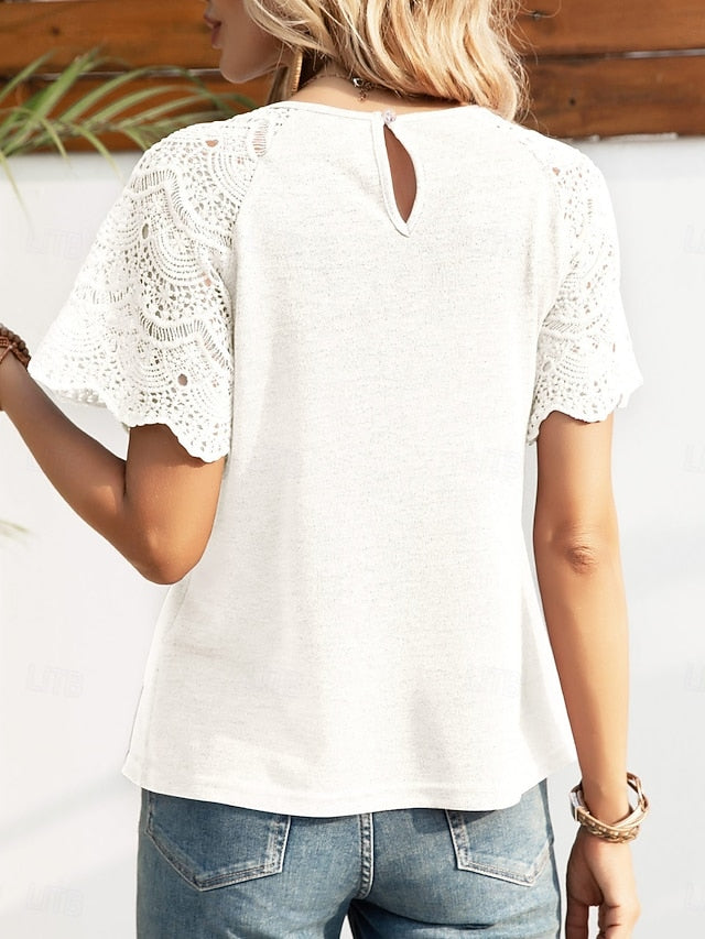 Women's Lace Tops Lace Patchwork Solid Color Stylish Casual