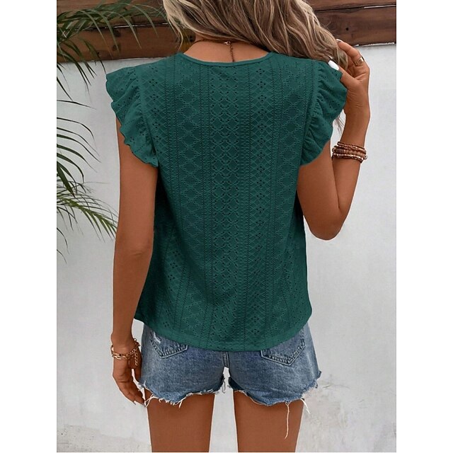 Women's T Shirt Tee Top Ruffle Eyelet Plain Fashion Stylish