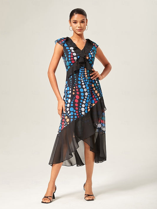 Colorblock Polka Dot Chiffon Ruffle Maxi Dress