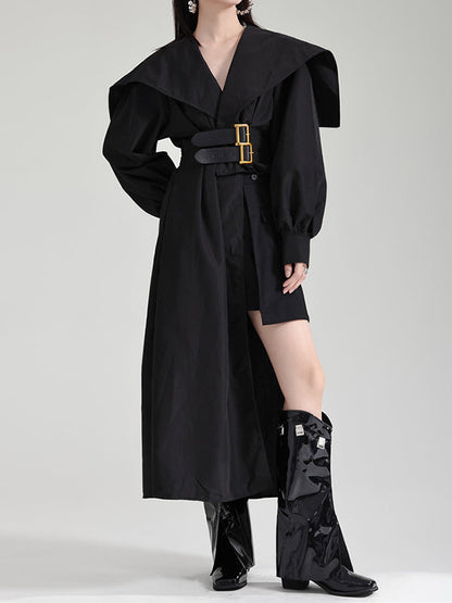 Pleated Black Asymmetric Lapel Waisted Long High Modern Belted