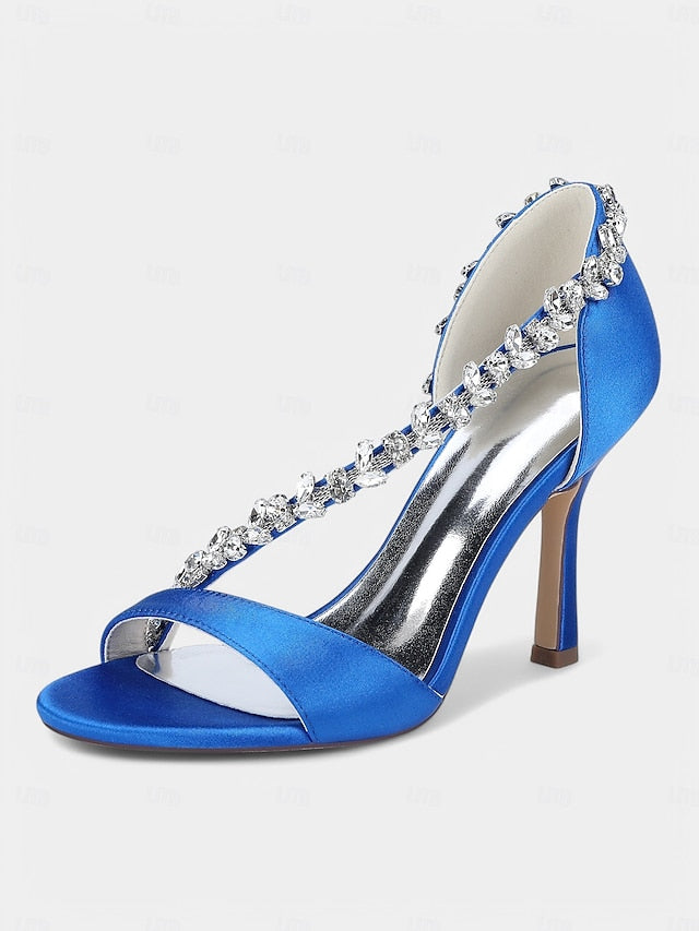 Champagne Crystal Satin High T-Strap Women's Heels with –