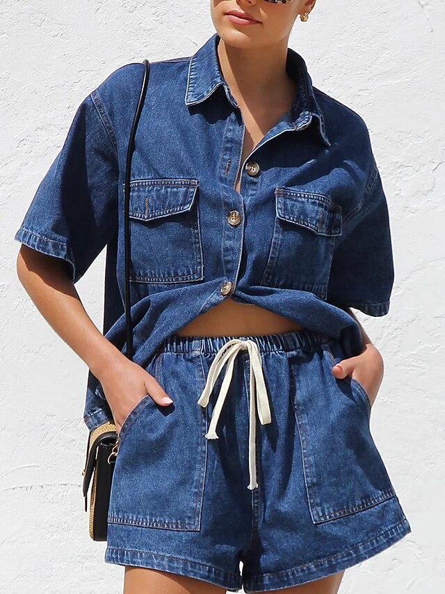 Women's Shorts Sets Bolero Top Short Sleeve Shirt Collar