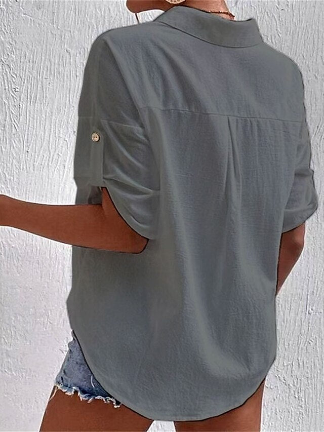 Women's Cotton Linen Shirts Blouse Pocket Buttons Plain