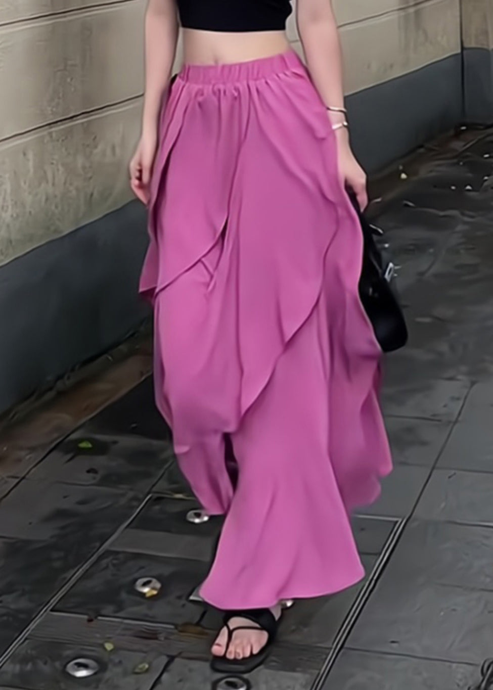 Patchwork Organic Ruffled Purple Summer Skirt Waist Elastic Maxi