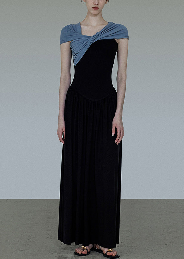 Dress Long Black Patchwork Slash Wrinkled Neck Original Cotton