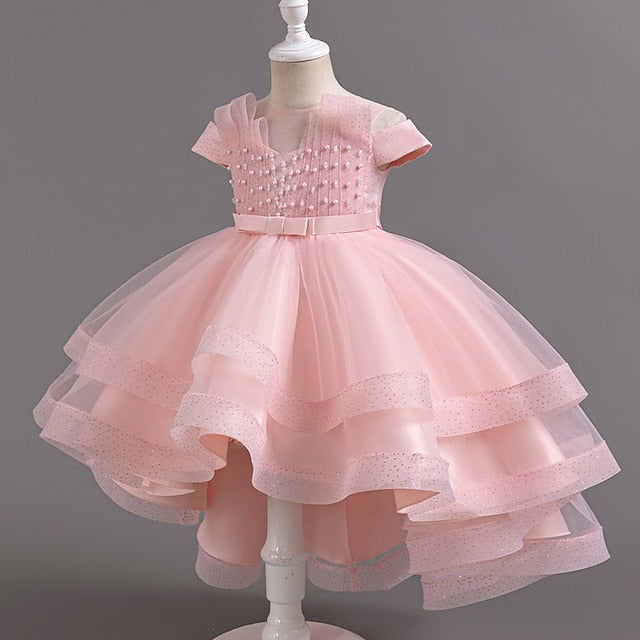 Wedding Solid Short Dress Kids Color Sleeve Girls' Party