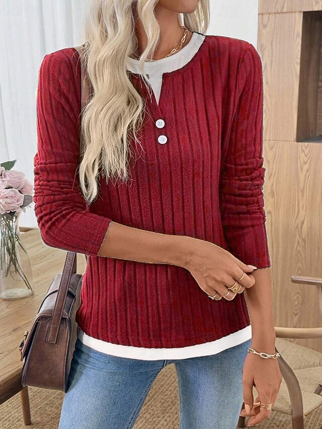 Women's Blouse Patchwork Buttons Solid Color Stylish Casual