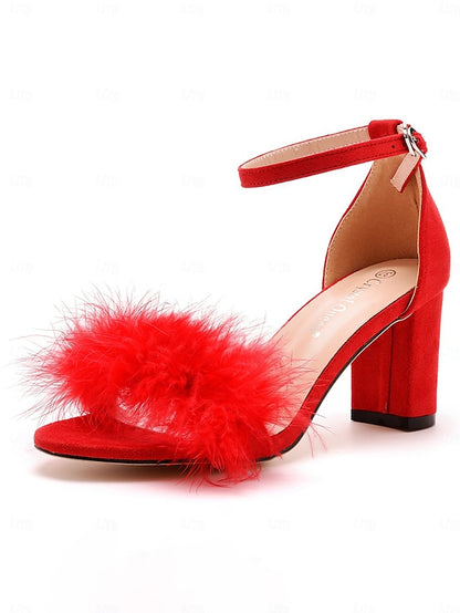 Block Feather-Embellished – Sandals for Women Heel Wedding