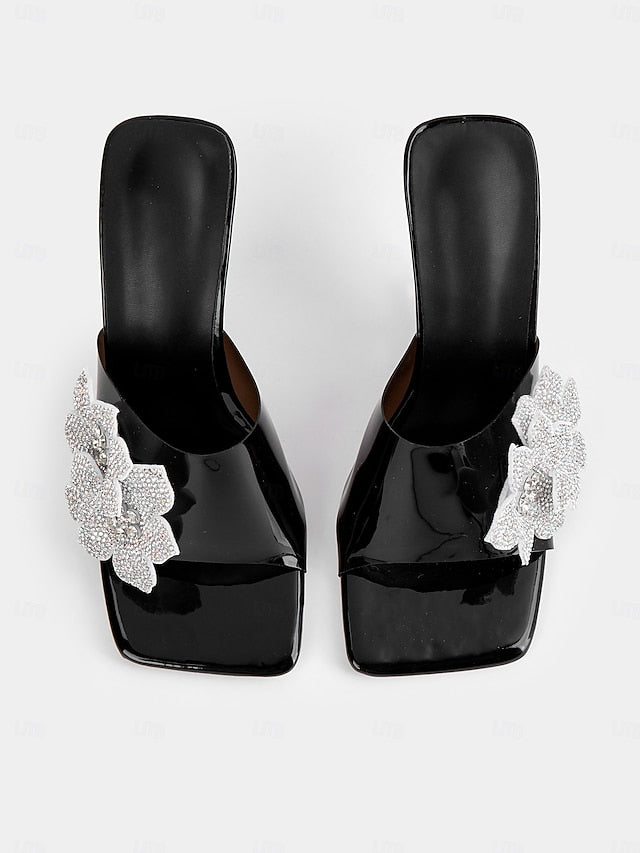 Flower Black Women's Mules Rhinestone with Leather Patent