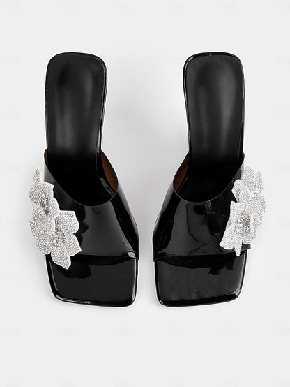 Flower Black Women's Mules Rhinestone with Leather Patent