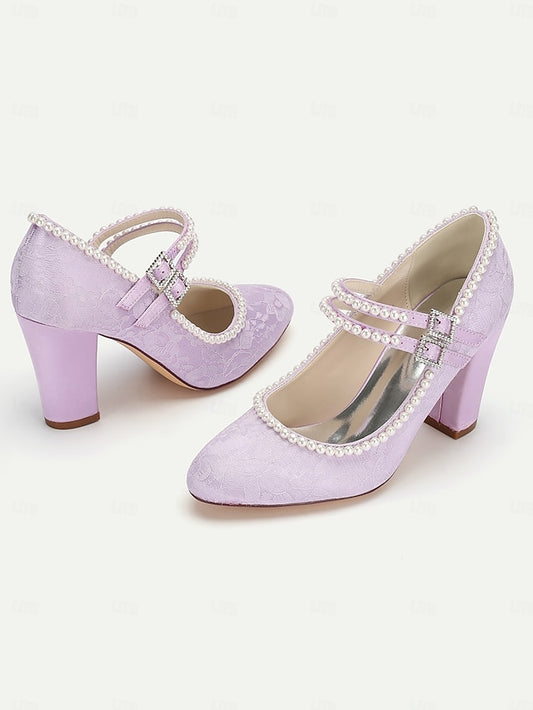 Heels Mary Jane Purple Pearl Lace - Women's Embellished