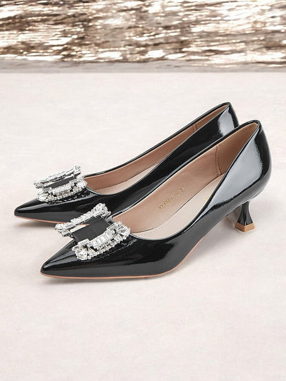 with Crystal Leather Patent Black Pumps Women's Embellished