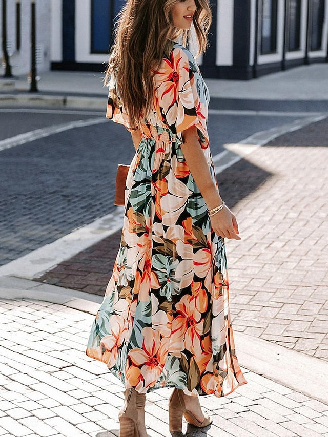 Women's Casual Dress Floral Split Print V Neck Long Dress