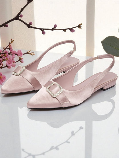 Buckle with Women's Rhinestone Pink Satin Flats Slingback