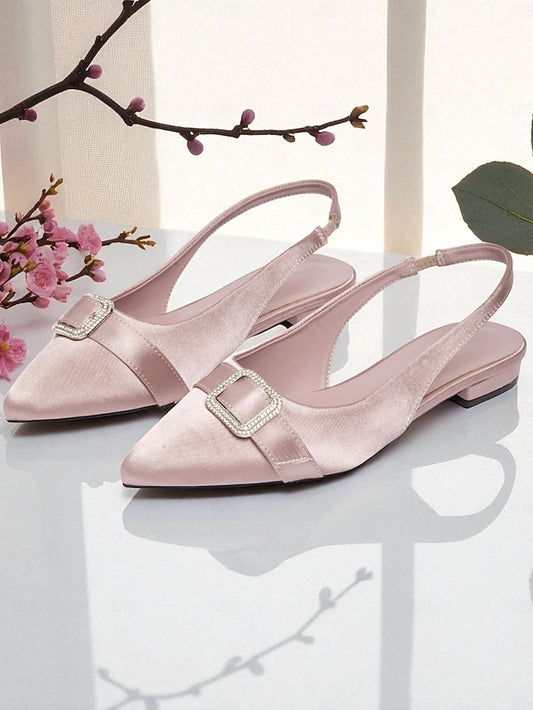 Buckle with Women's Rhinestone Pink Satin Flats Slingback