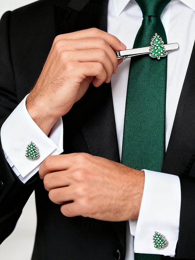 and Christmas Tie - Set Clip Men's Cufflinks Tree Festive