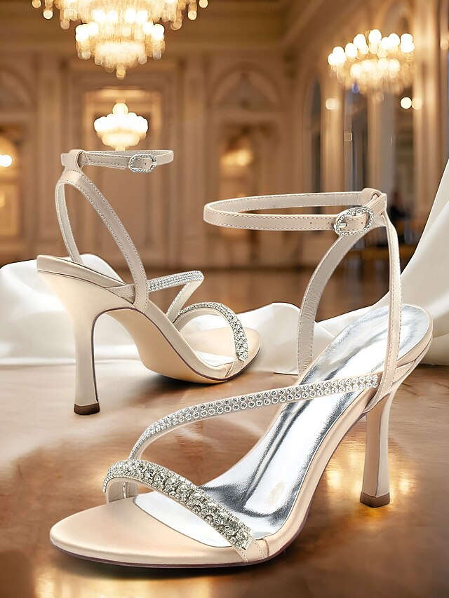 Champagne Rhinestone Satin Heels Sophisticated Strappy –