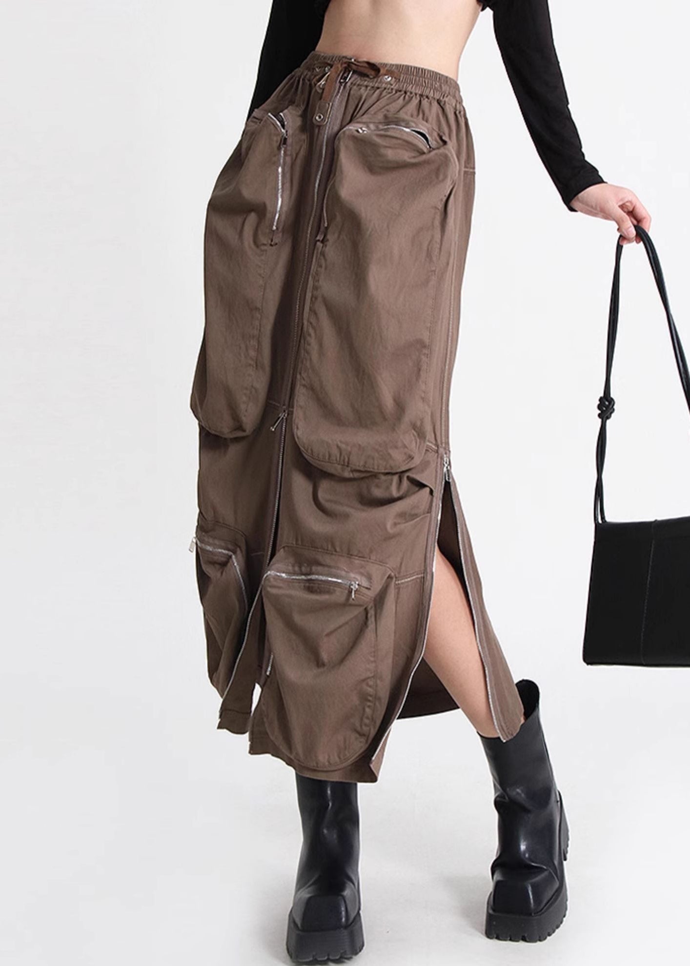 Summer Zippered Elastic Waist Skirt Pockets Loose Cotton Brown