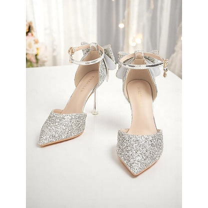 Silver Women's Toe Heels Pointed Glitter Bow Sparkly -