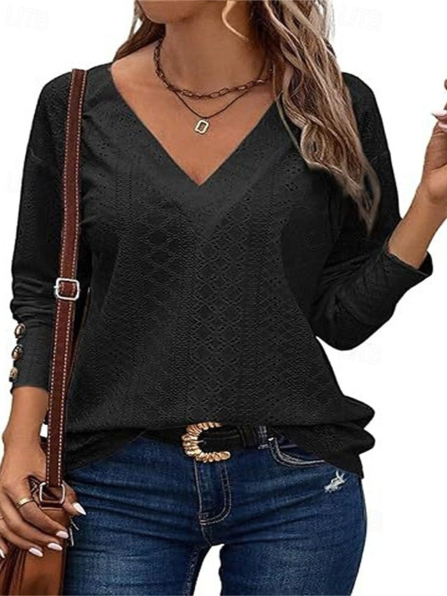 Women's T Shirt Lace Patchwork Eyelet Solid Color Elegant