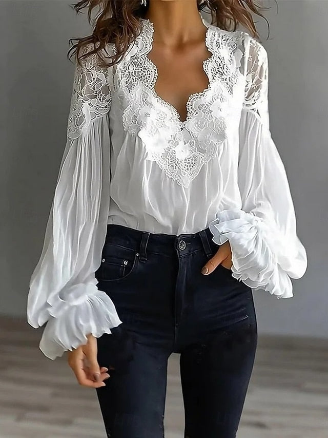 Women's Lace Shirt Blouse Lace Patchwork Solid Color