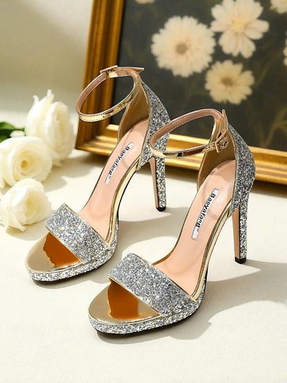 Women's High Silver Heel with Sandals Ankle Strap Glitter