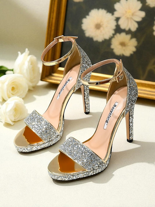 Women's High Silver Heel with Sandals Ankle Strap Glitter