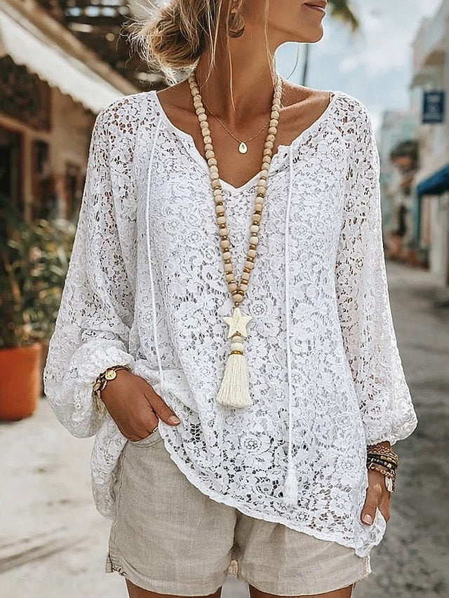 Women's Blouse Lace Solid Color Stylish Casual Long Sleeve