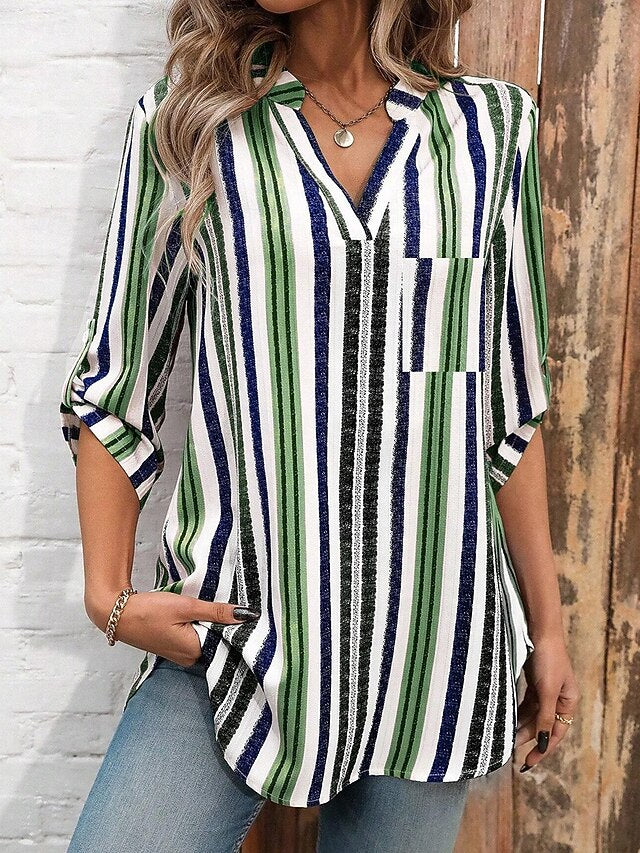 Women's Blouse Buttons Graphic Striped Vintage Stylish