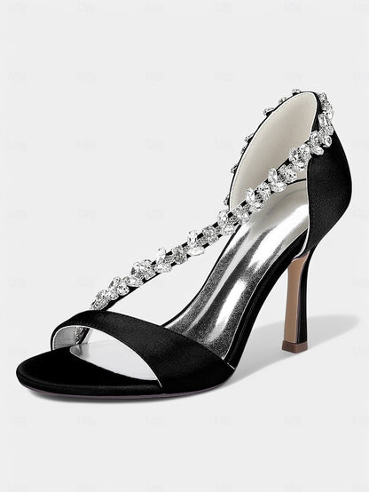 Champagne Crystal Satin High T-Strap Women's Heels with –