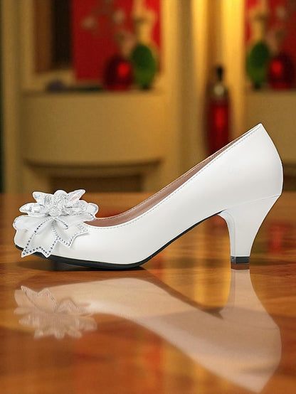 Crystal Shoes Women's Bow Low White Heel with Wedding
