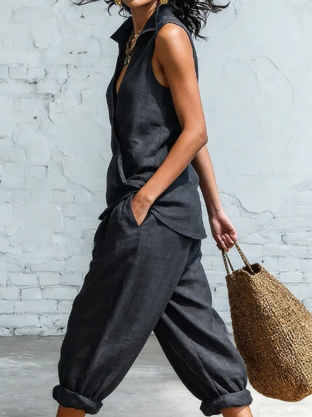 Women's Pants Sets Sleeveless V Neck Solid Color Fashion